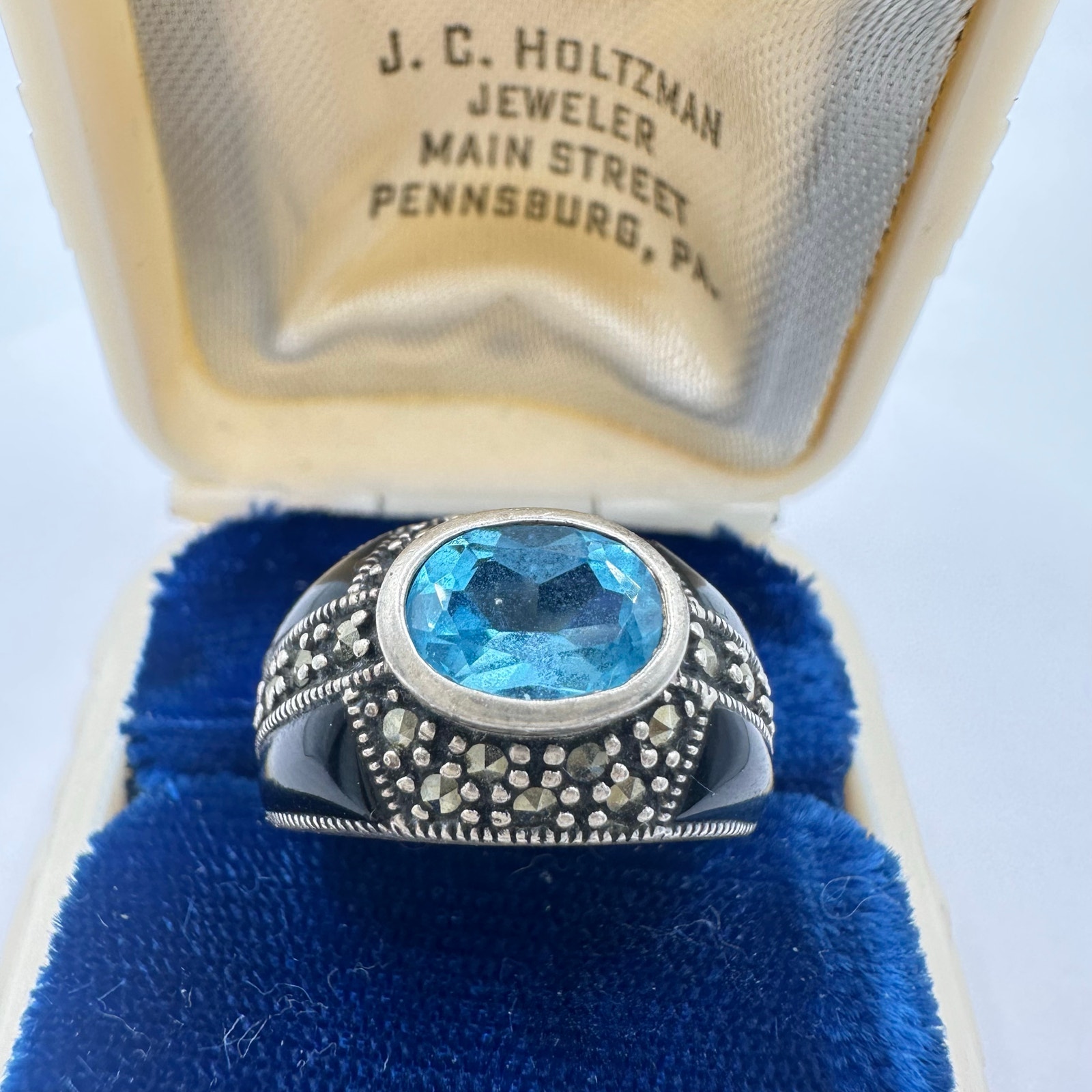 Vintage Sterling Silver Genuine Blue Topaz Marcasite Black Enamel Ring 6